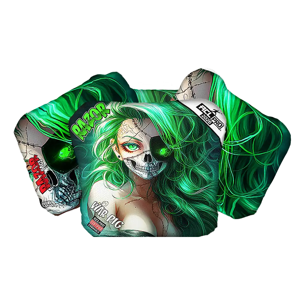 Cornhole bags with green hair and skull design on a white background