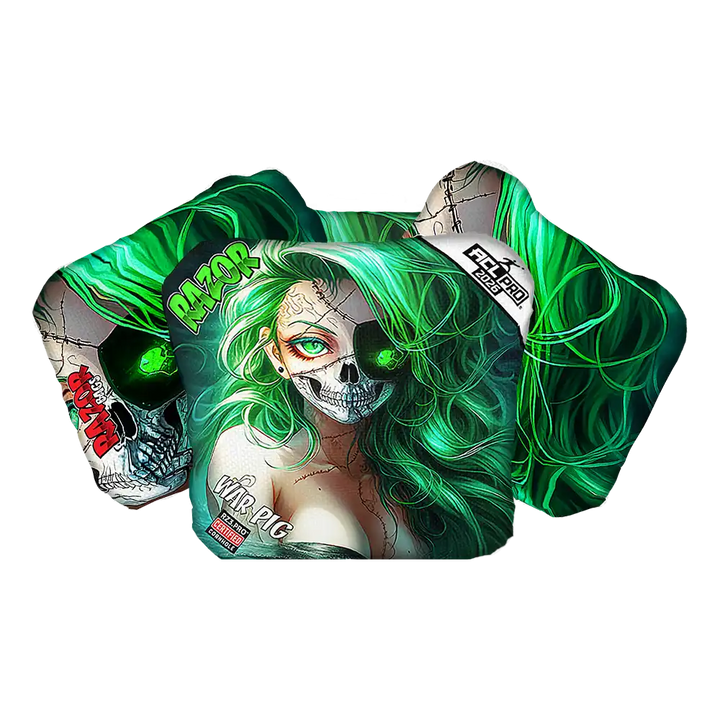 Cornhole bags with green hair and skull design on a white background