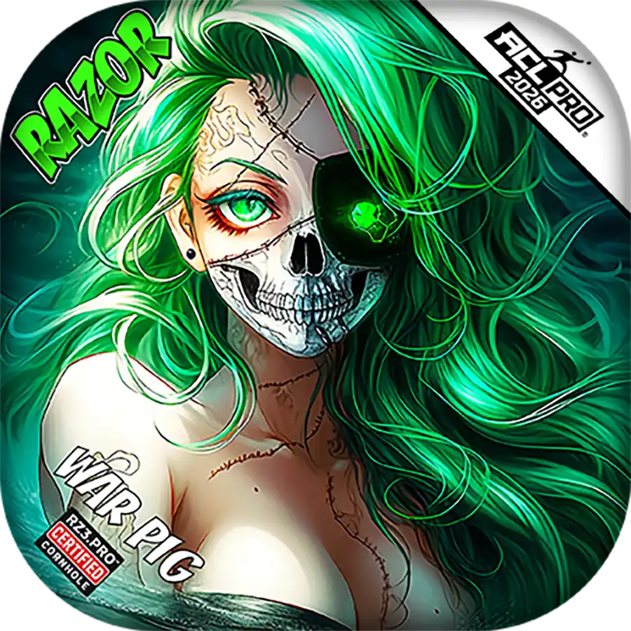 Cornhole bags with Character with green hair and skull mask on a circular background with 'RAZOR' branding.