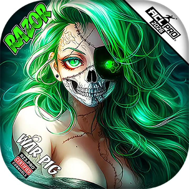 Cornhole bags with Character with green hair and skull mask on a circular background with 'RAZOR' branding.