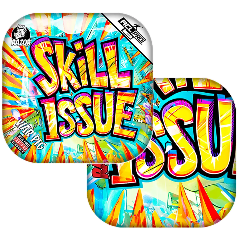 Colorful Cornhole bags with 'Skill Issue' text and graphics on a white background
