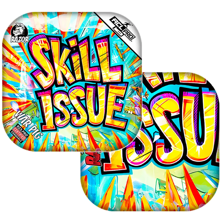 Colorful Cornhole bags with 'Skill Issue' text and graphics on a white background