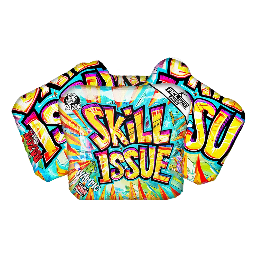 Colorful Cornhole bags with 'SKILL ISSUE' text on a white background