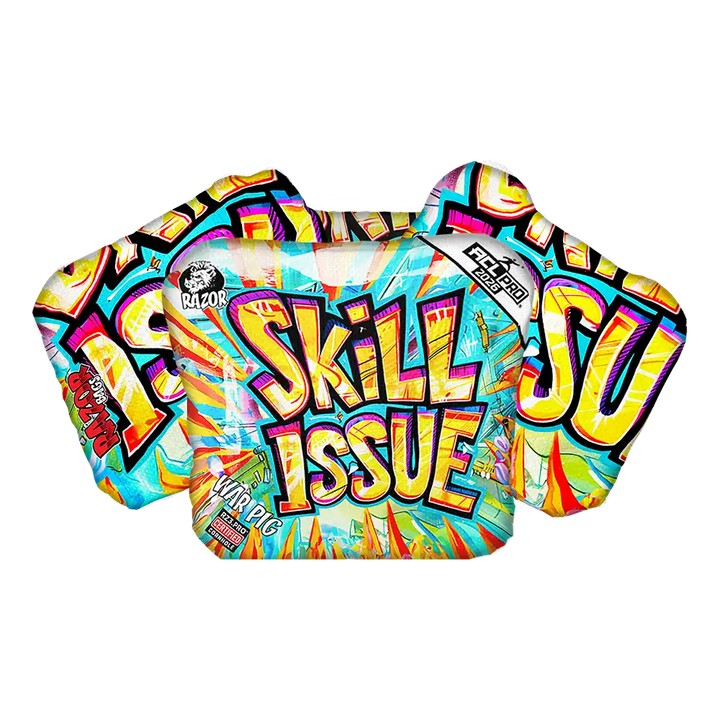 Colorful Cornhole bags with 'SKILL ISSUE' text on a white background