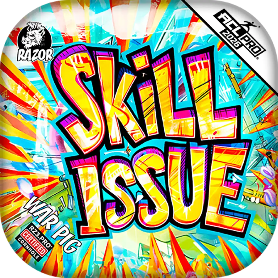 Colorful Cornhole bags with 'Skill Issue' text and Razor branding.