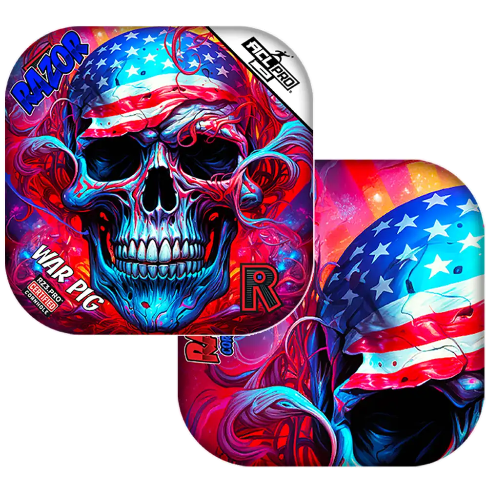 Cornhole bags with Colorful skull design with American flag elements on a white background