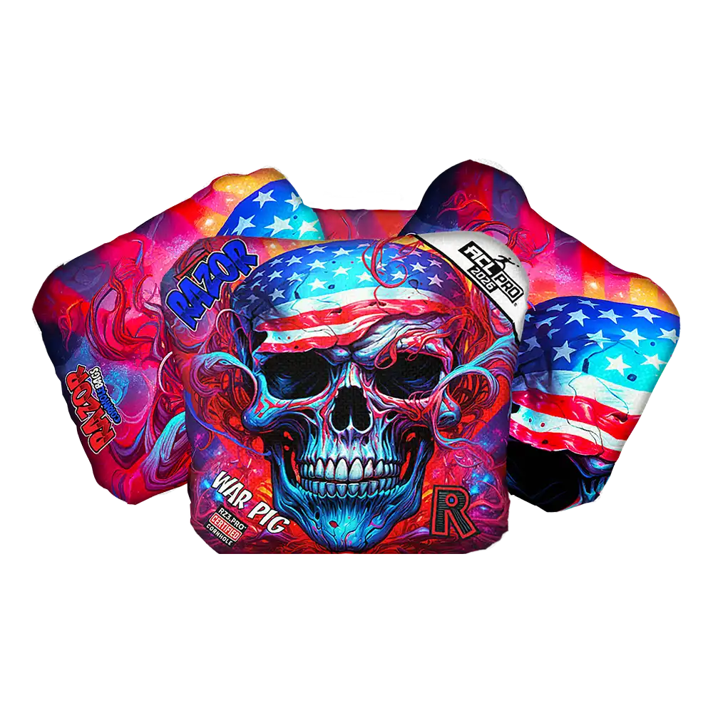 Colorful Cornhole bags with a skull design and American flag on a white background