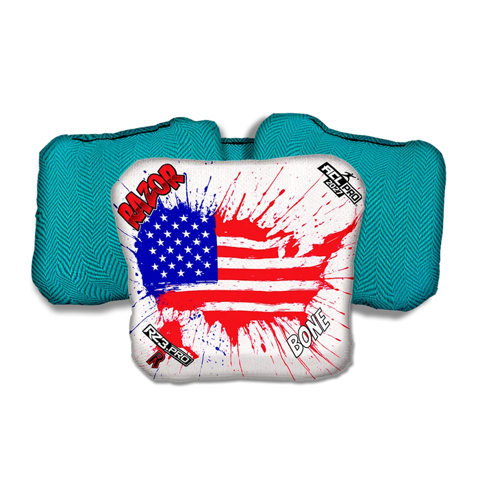 Bone PRO Splatter USA Teal Back Cornhole Bags
