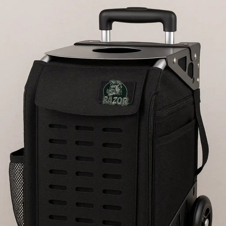 Black rolling cooler with 'Razor' logo on a beige background