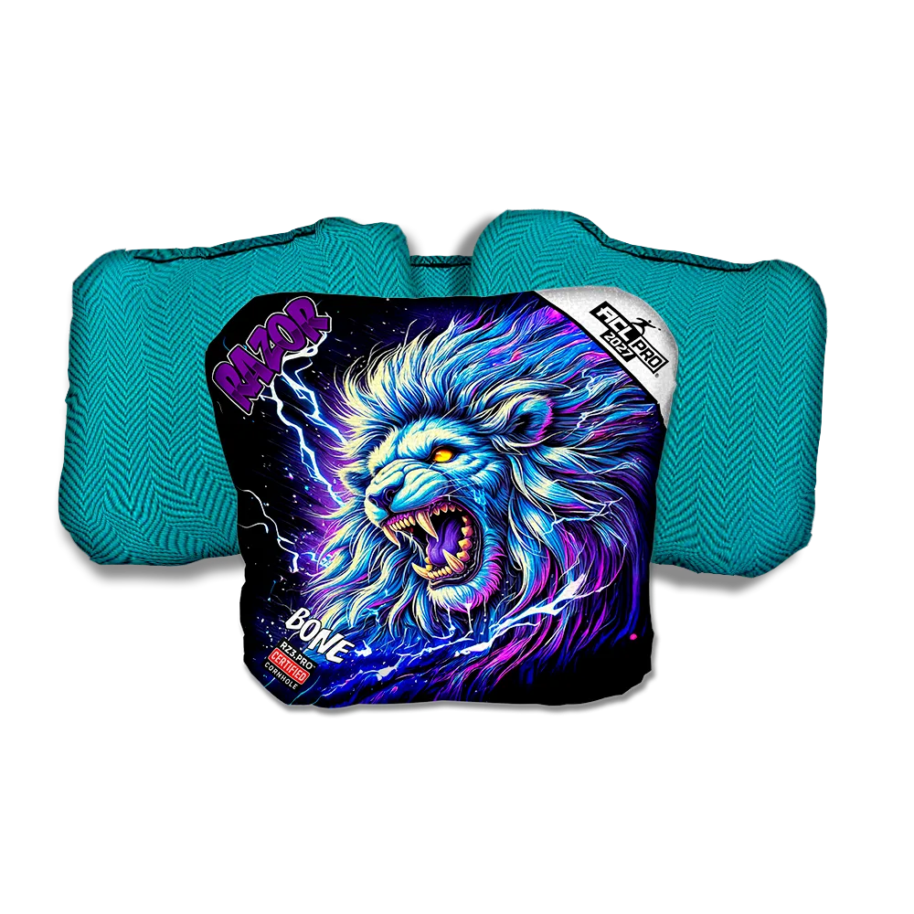Bone PRO Thundralion Purple Series Teal Back Cornhole Bags