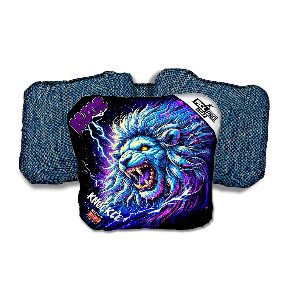Knuckle PRO Thundralion Purple Series Blue Back Cornhole Bags