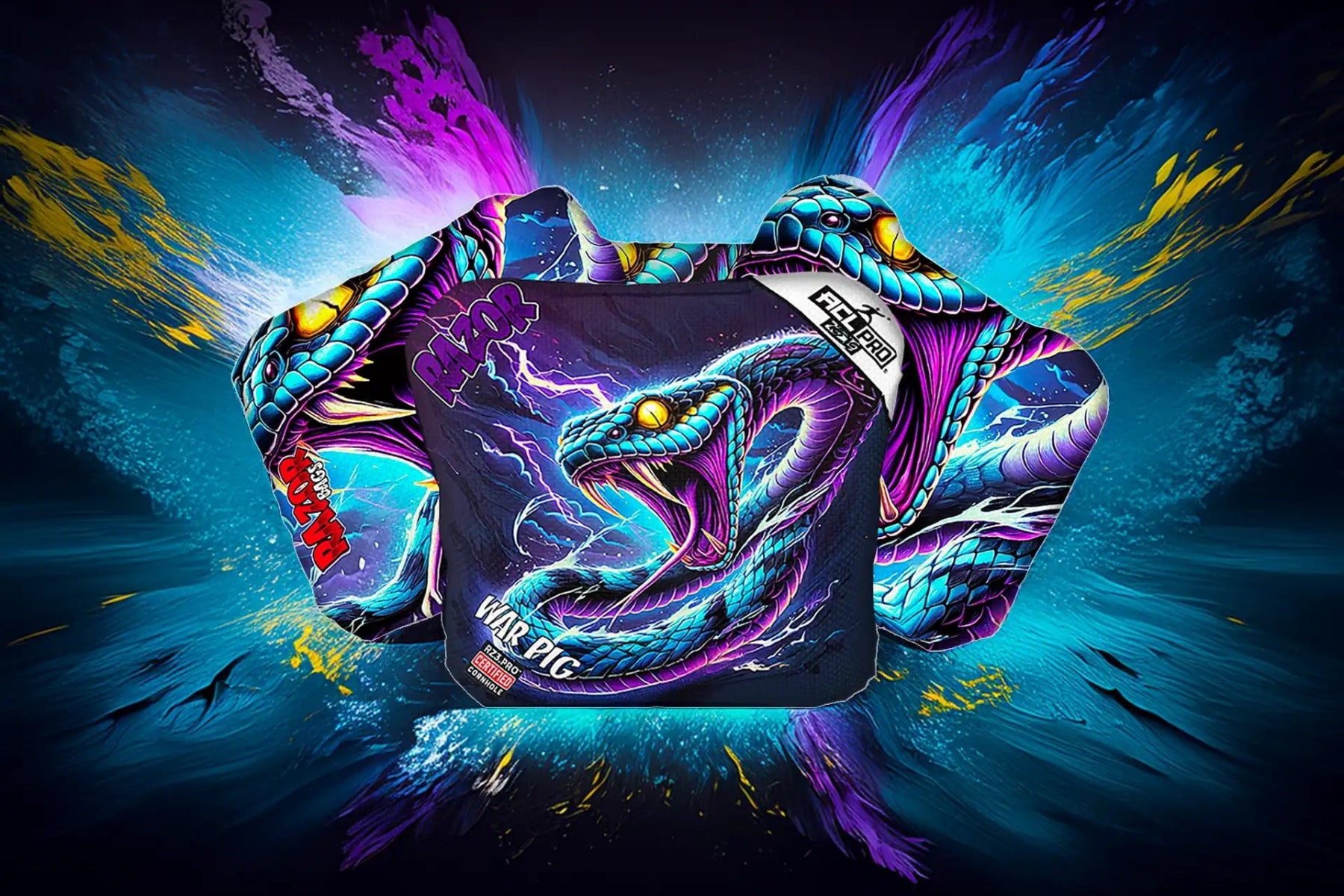 Colorful dragon design on a cornhole bag  with abstract background
