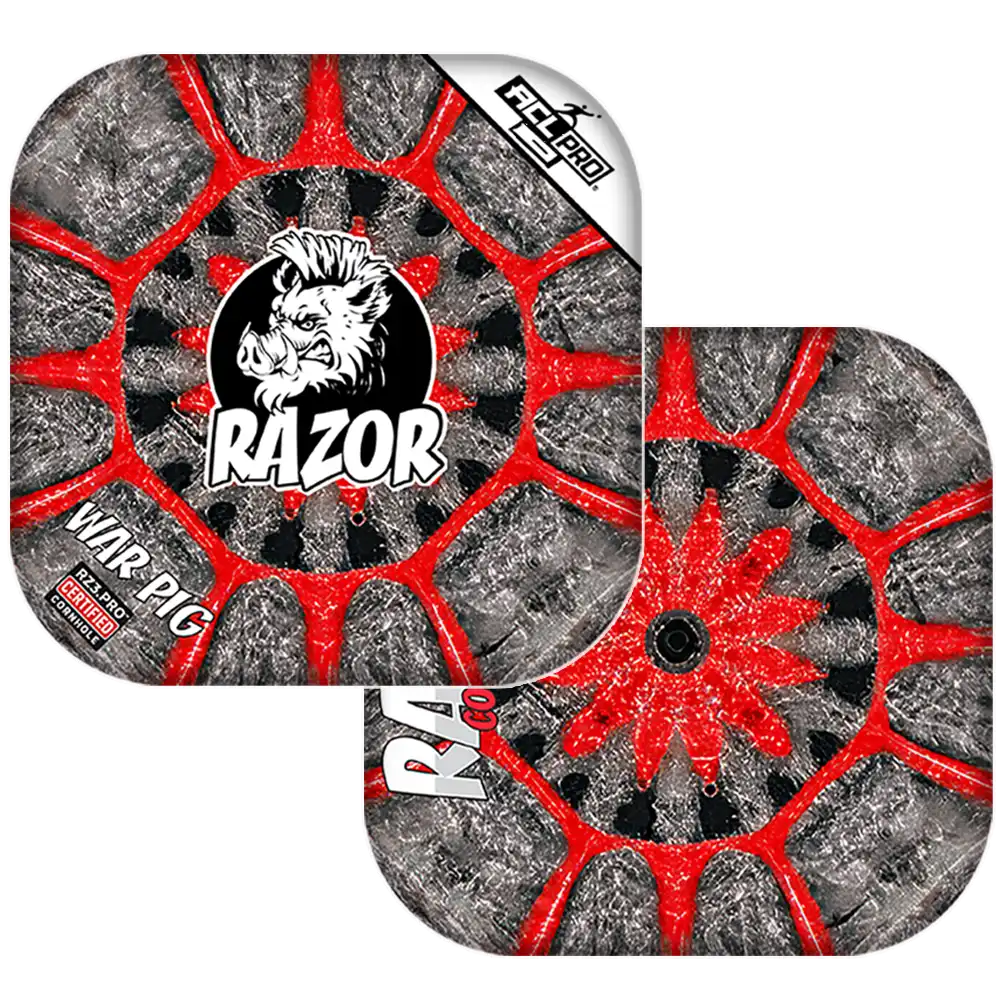 Cornhole bags with Razor red and gray design on a white background