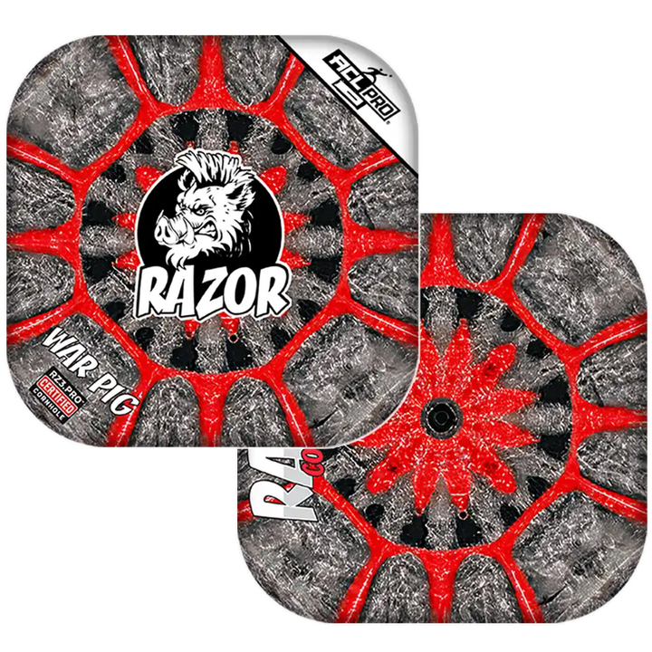 Cornhole bags with Razor red and gray design on a white background