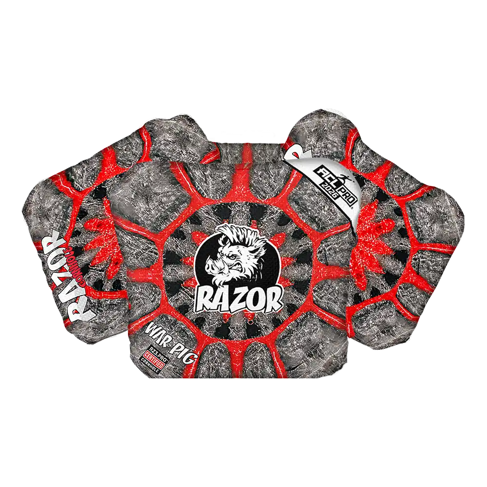 Gray and red Cornhole bags with 'Razor' branding on a white background