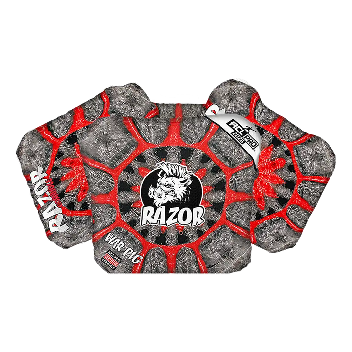 Gray and red Cornhole bags with 'Razor' branding on a white background