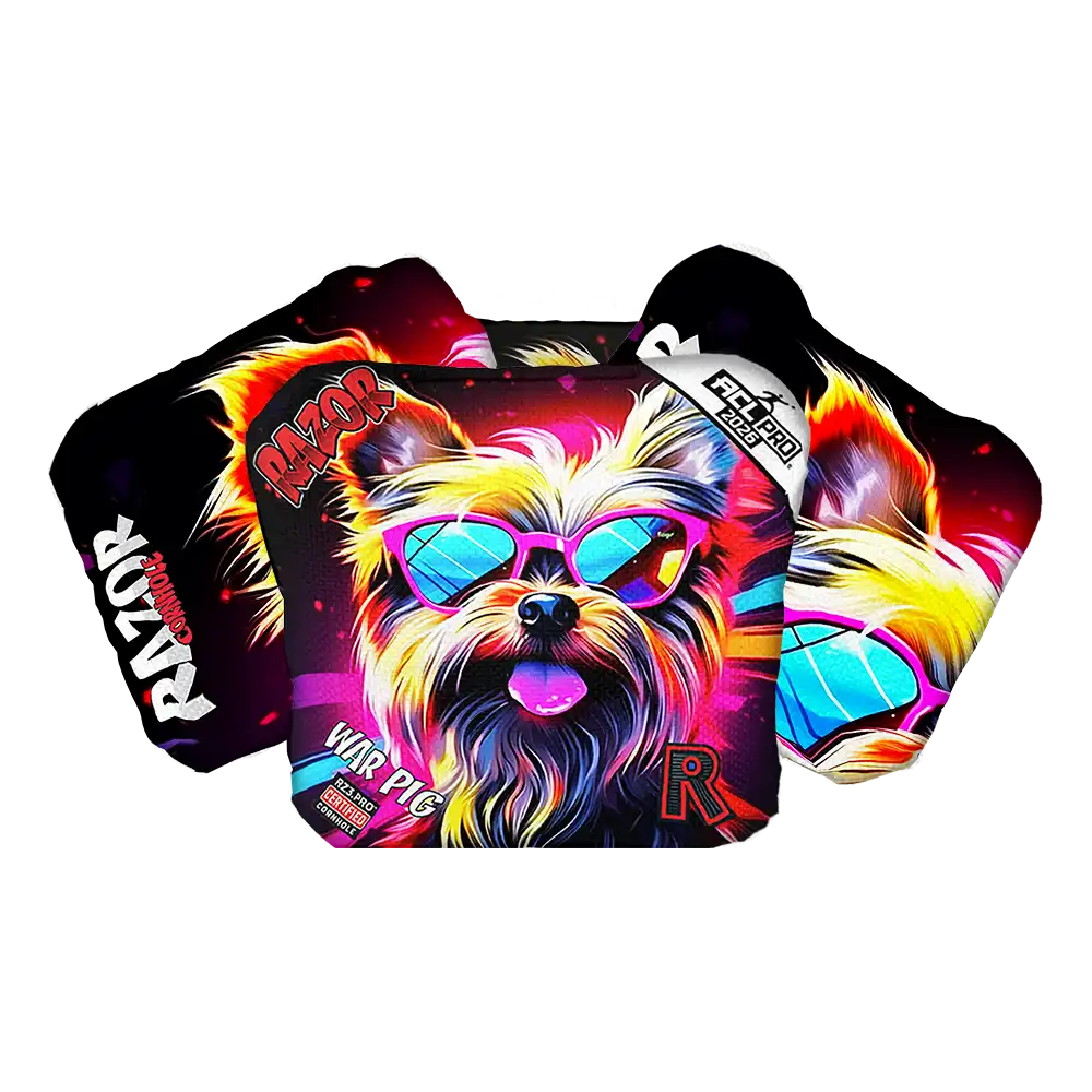 Colorful Cornhole bags with a dog design and 'Razor' branding on a white background