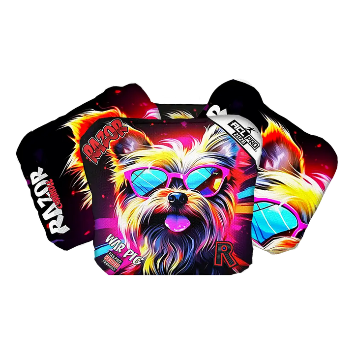 Colorful Cornhole bags with a dog design and 'Razor' branding on a white background