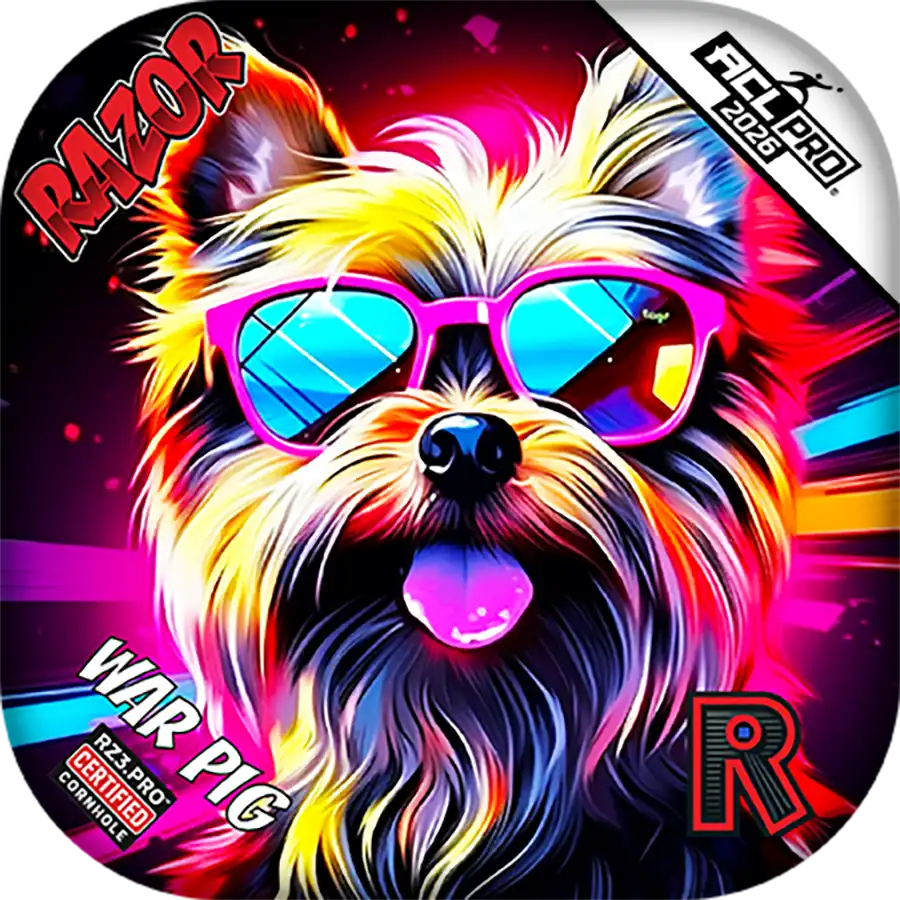 Cornhole bags with Colorful dog graphic with sunglasses on a vibrant background, featuring the brand 'RAZOR'.